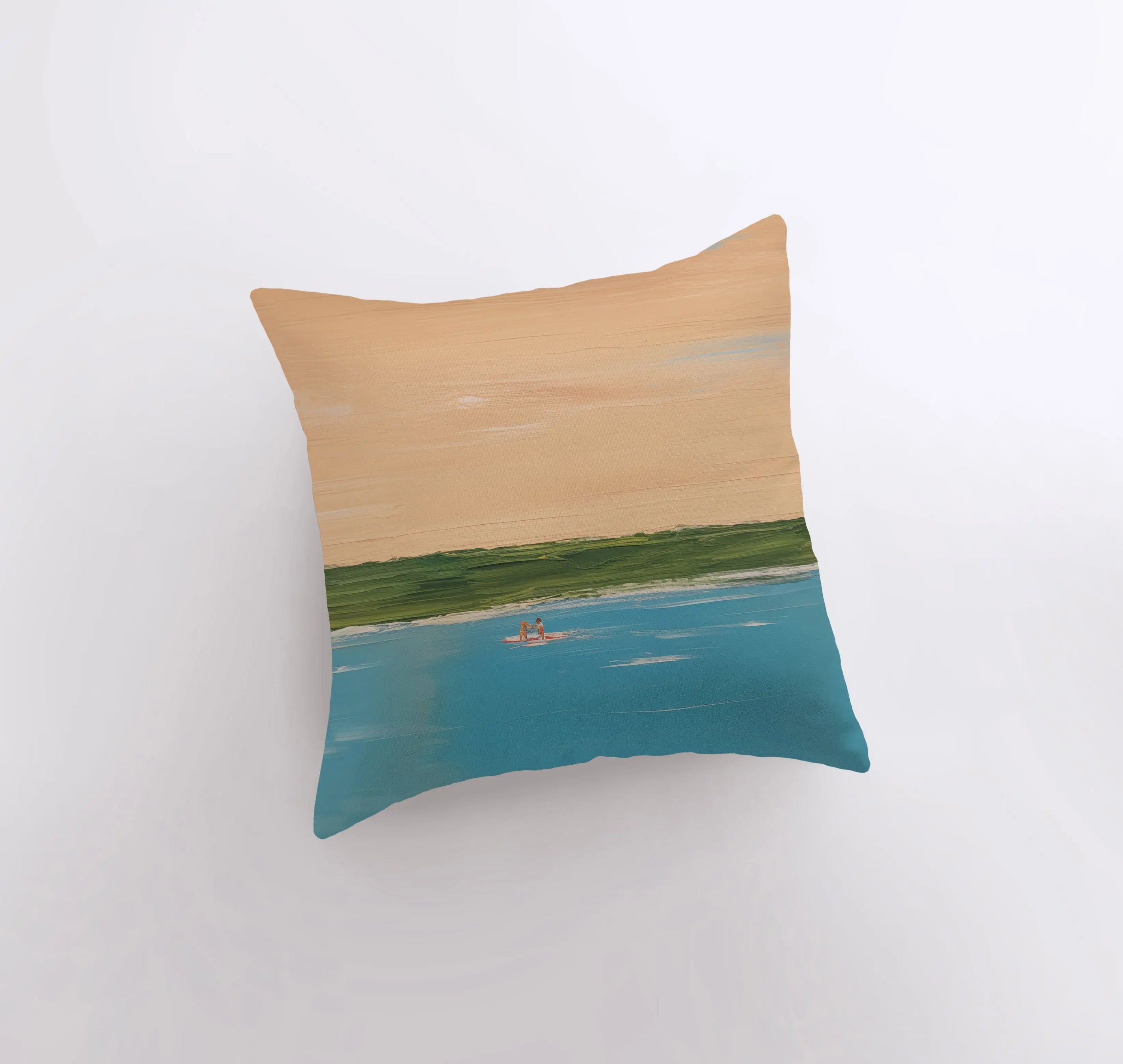 Afternoon Surf abstract gouache painting throw pillow featuring vibrant ocean-inspired colors and a concealed zipper.