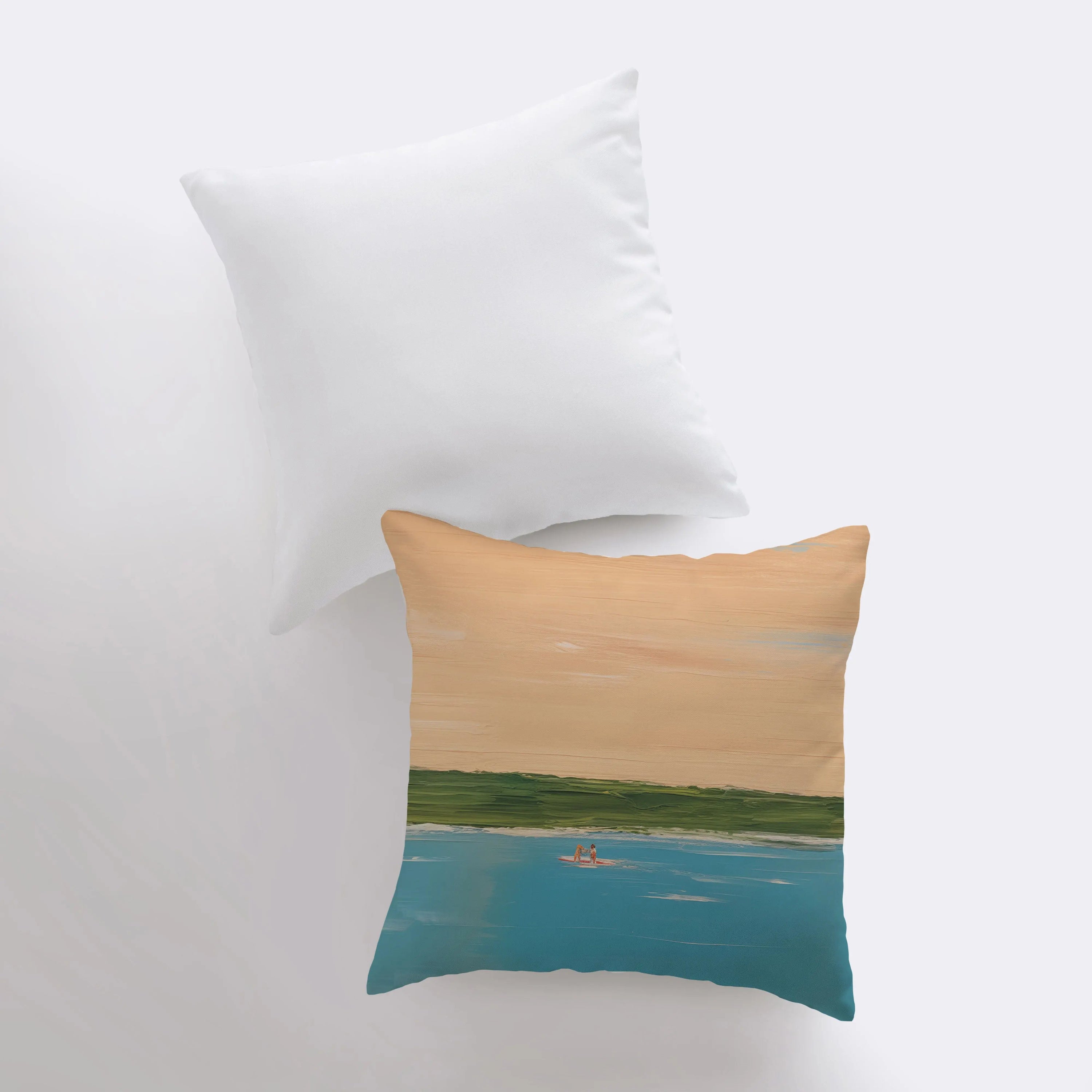 Afternoon Surf abstract gouache painting throw pillow featuring vibrant ocean-inspired colors and a concealed zipper.