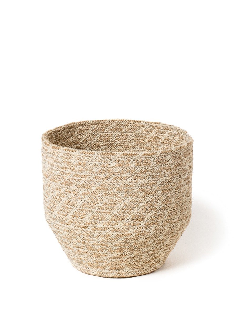 Agora Bin made from natural jute yarn, featuring a soft white and natural colorway, perfect for home decor and organization.