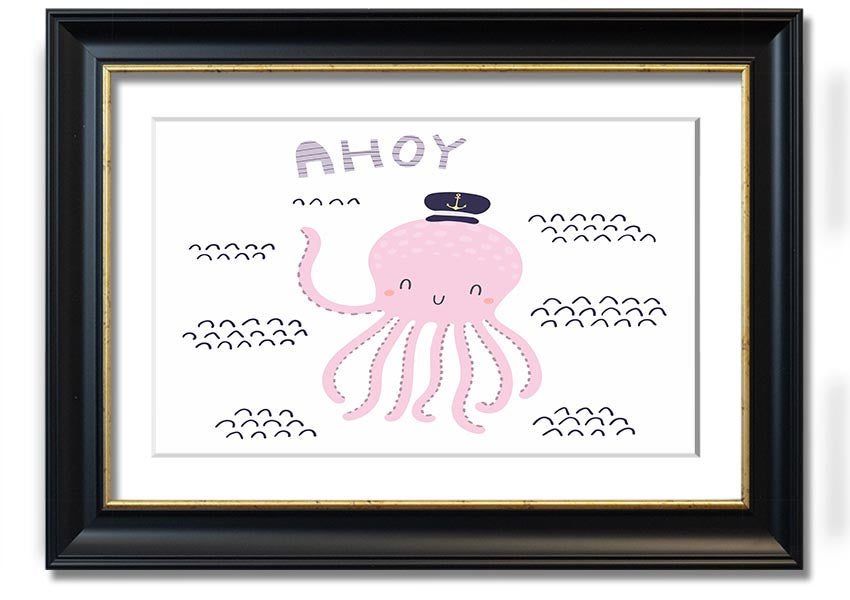 A vibrant framed print of an octopus, showcasing intricate details and colors, ready to hang on a wall.