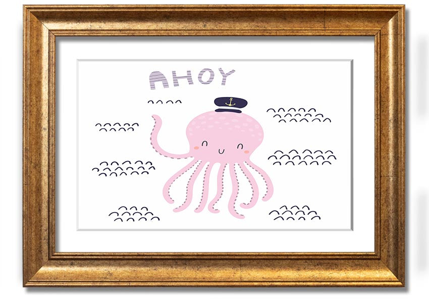 A vibrant framed print of an octopus, showcasing intricate details and colors, ready to hang on a wall.