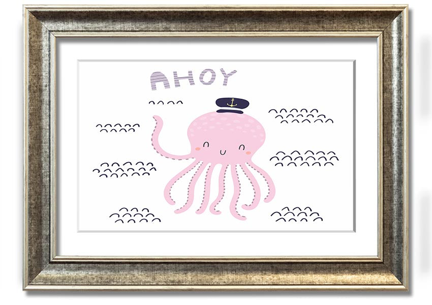 A vibrant framed print of an octopus, showcasing intricate details and colors, ready to hang on a wall.