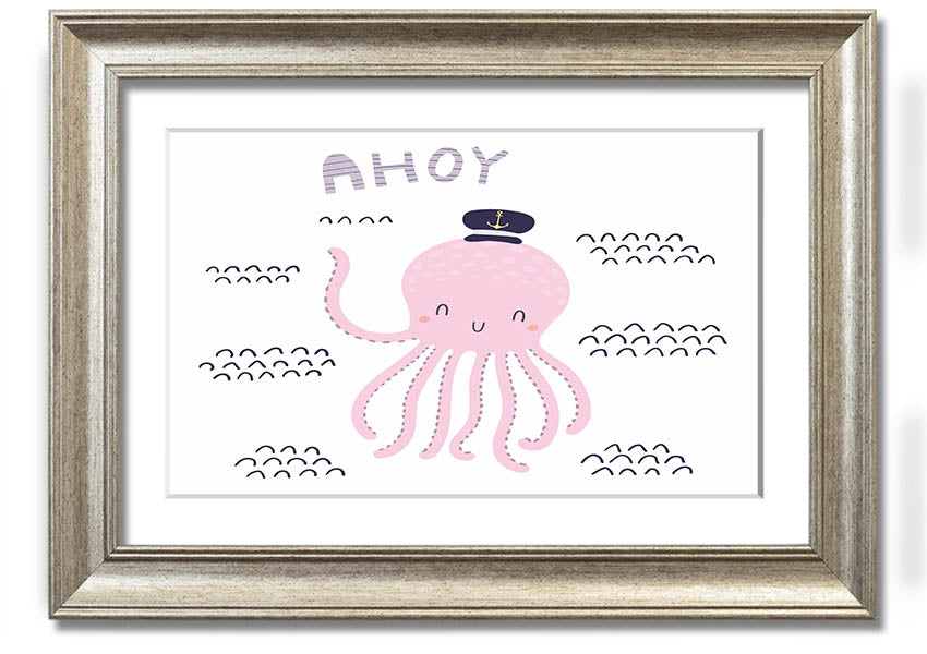 A vibrant framed print of an octopus, showcasing intricate details and colors, ready to hang on a wall.