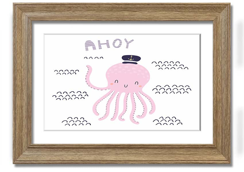 A vibrant framed print of an octopus, showcasing intricate details and colors, ready to hang on a wall.