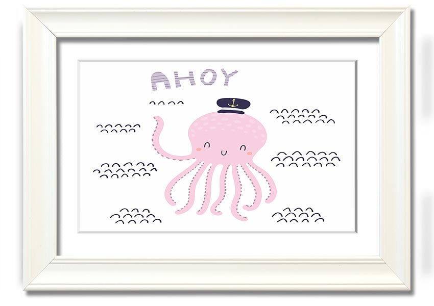 A vibrant framed print of an octopus, showcasing intricate details and colors, ready to hang on a wall.