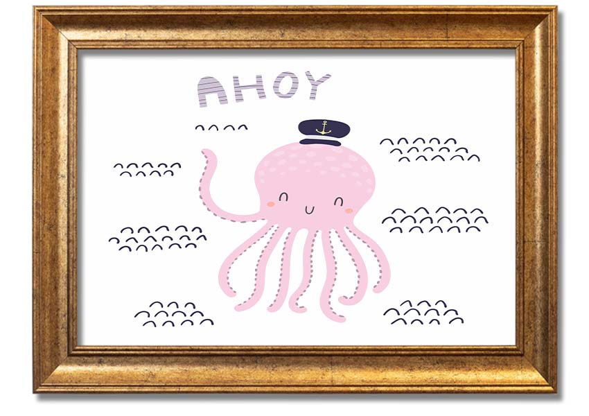 A vibrant framed print of an octopus, showcasing intricate details and colors, ready to hang on a wall.