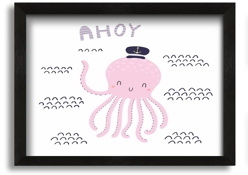 A vibrant framed print of an octopus, showcasing intricate details and colors, ready to hang on a wall.