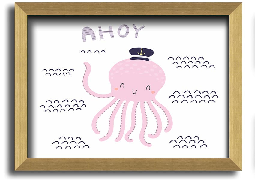 A vibrant framed print of an octopus, showcasing intricate details and colors, ready to hang on a wall.