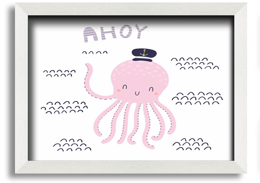 A vibrant framed print of an octopus, showcasing intricate details and colors, ready to hang on a wall.