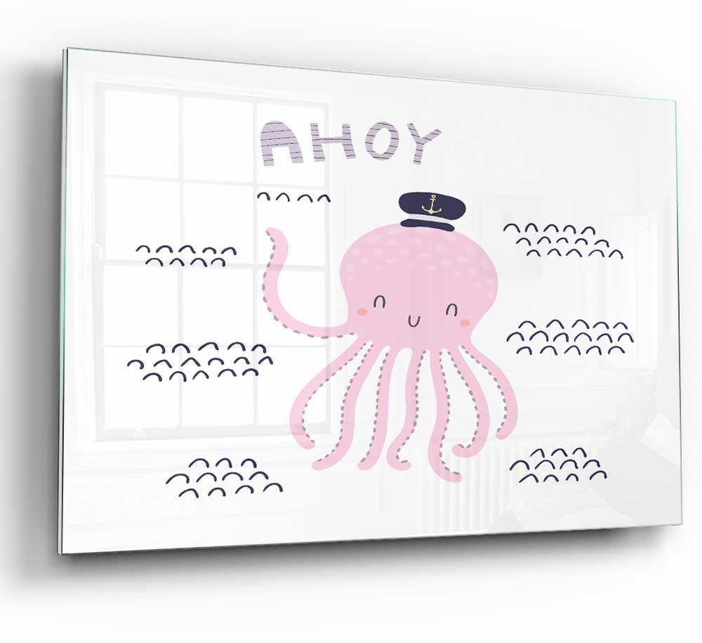 A vibrant glass print featuring a modern octopus design, perfect for home decor.