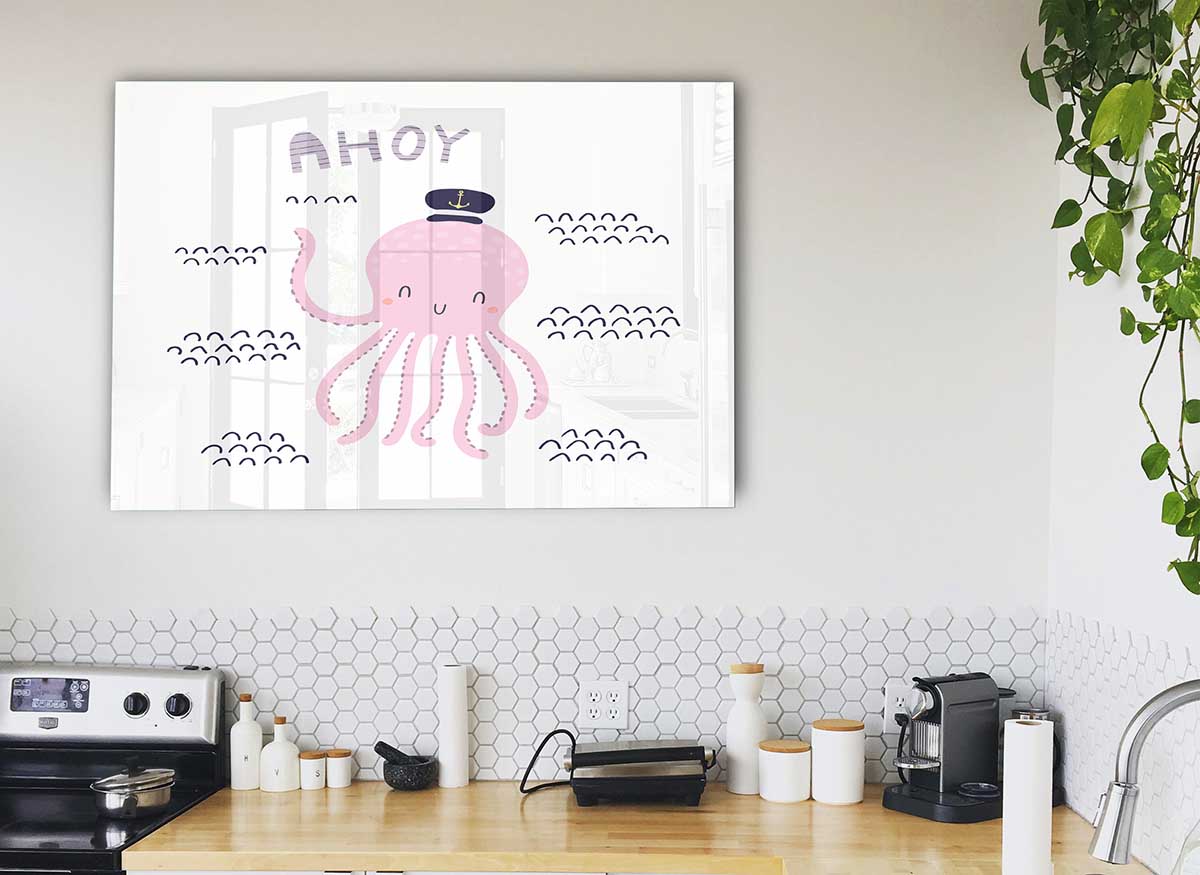 A vibrant glass print featuring a modern octopus design, perfect for home decor.