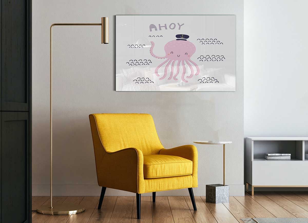 A vibrant glass print featuring a modern octopus design, perfect for home decor.