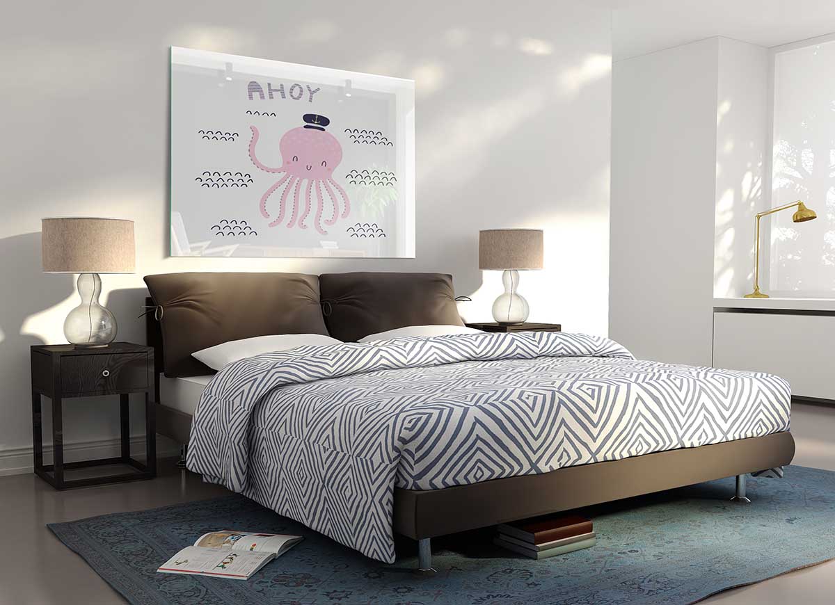 A vibrant glass print featuring a modern octopus design, perfect for home decor.