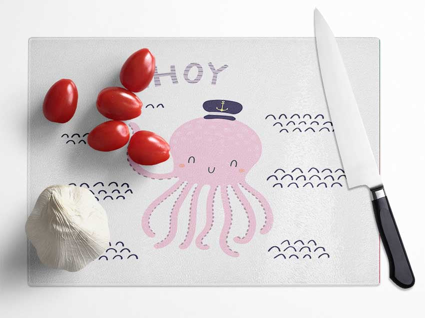 Ahoy Octopus chopping board made of tempered glass with chinchilla ripple effect and anti-slip feet.