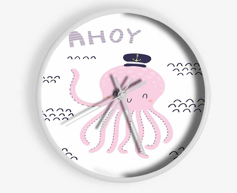 A stylish Ahoy Octopus clock made from natural bamboo, featuring a round face and available in black, white, or natural frame colors.