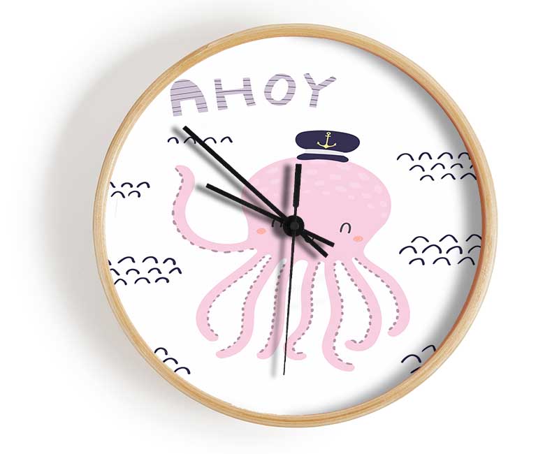 A stylish Ahoy Octopus clock made from natural bamboo, featuring a round face and available in black, white, or natural frame colors.