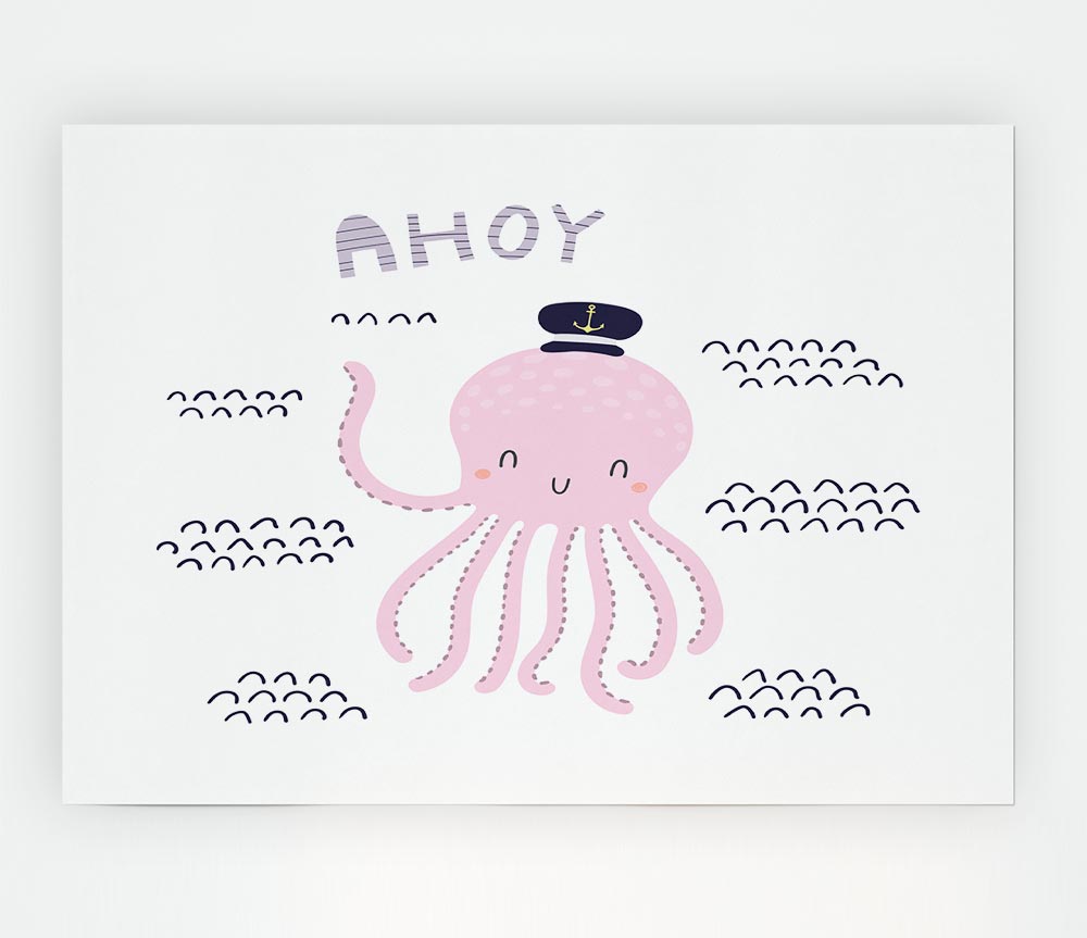 A colorful Ahoy Octopus poster printed on high-quality canvas, showcasing a vibrant octopus design against a blue background.