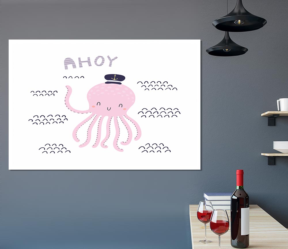 A colorful Ahoy Octopus poster printed on high-quality canvas, showcasing a vibrant octopus design against a blue background.