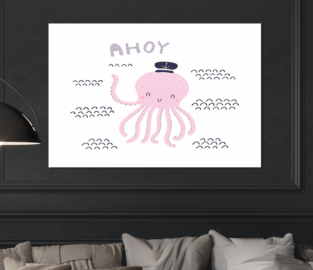 A colorful Ahoy Octopus poster printed on high-quality canvas, showcasing a vibrant octopus design against a blue background.