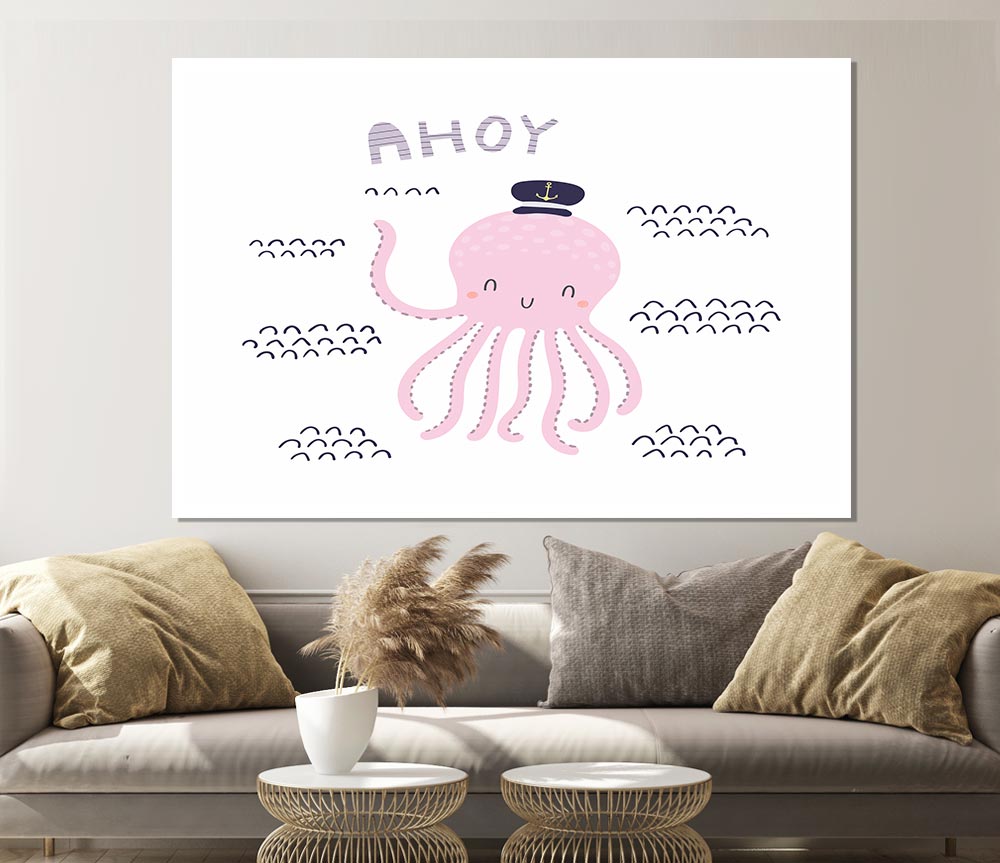 A colorful Ahoy Octopus poster printed on high-quality canvas, showcasing a vibrant octopus design against a blue background.