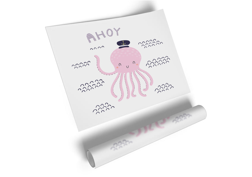 A colorful Ahoy Octopus poster printed on high-quality canvas, showcasing a vibrant octopus design against a blue background.