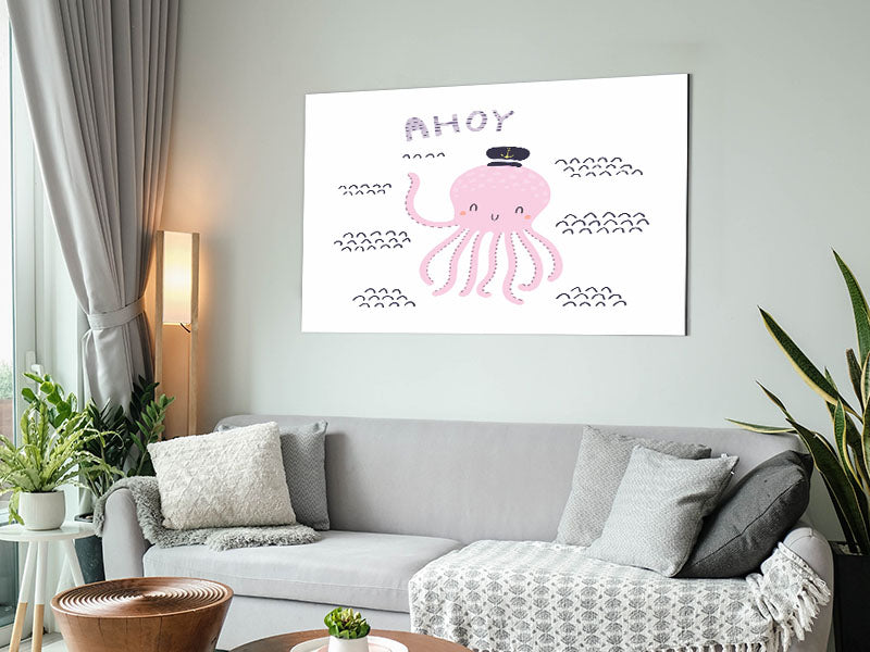 Ahoy Octopus artwork printed on brushed aluminium dibond, featuring vibrant colors and modern design.