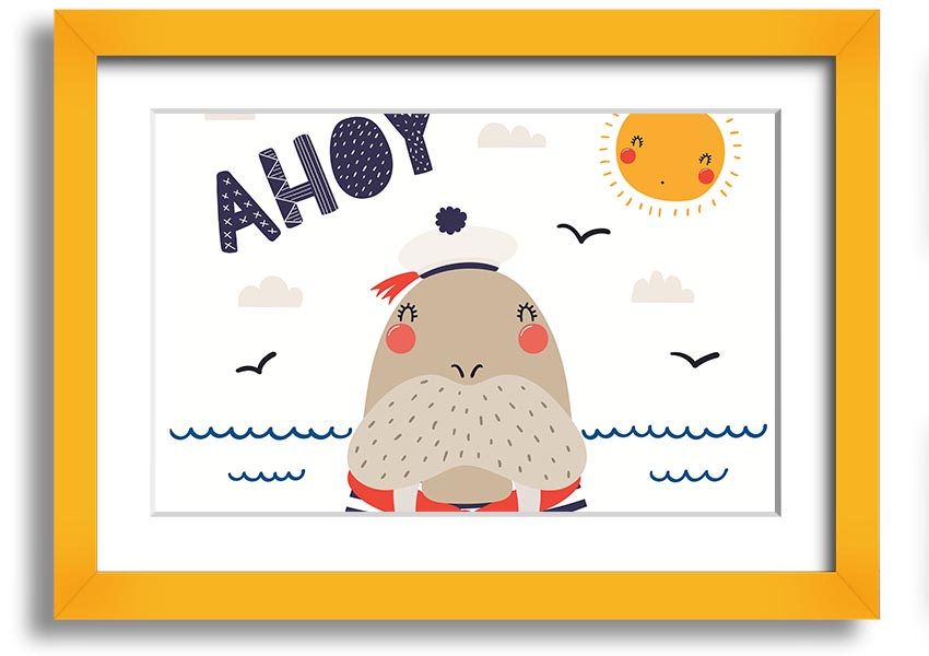 A whimsical framed print of a walrus, showcasing vibrant colors and intricate details, ready to hang on the wall.