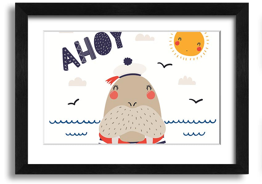 A whimsical framed print of a walrus, showcasing vibrant colors and intricate details, ready to hang on the wall.