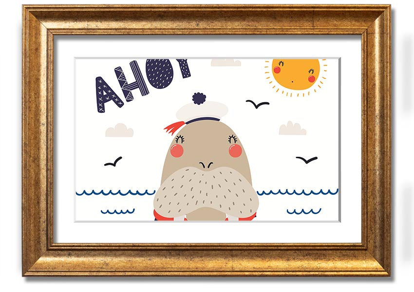 A whimsical framed print of a walrus, showcasing vibrant colors and intricate details, ready to hang on the wall.