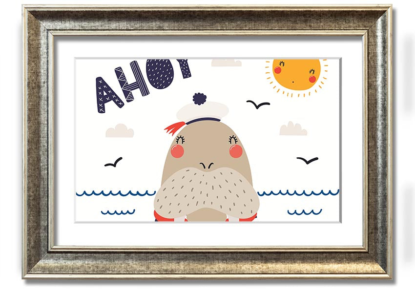 A whimsical framed print of a walrus, showcasing vibrant colors and intricate details, ready to hang on the wall.