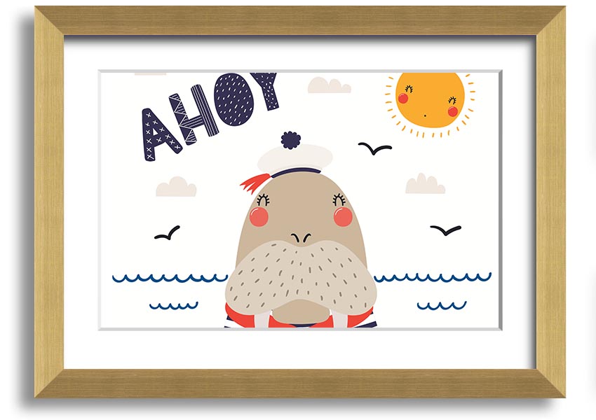 A whimsical framed print of a walrus, showcasing vibrant colors and intricate details, ready to hang on the wall.