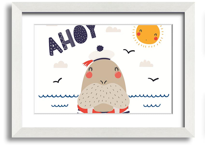 A whimsical framed print of a walrus, showcasing vibrant colors and intricate details, ready to hang on the wall.