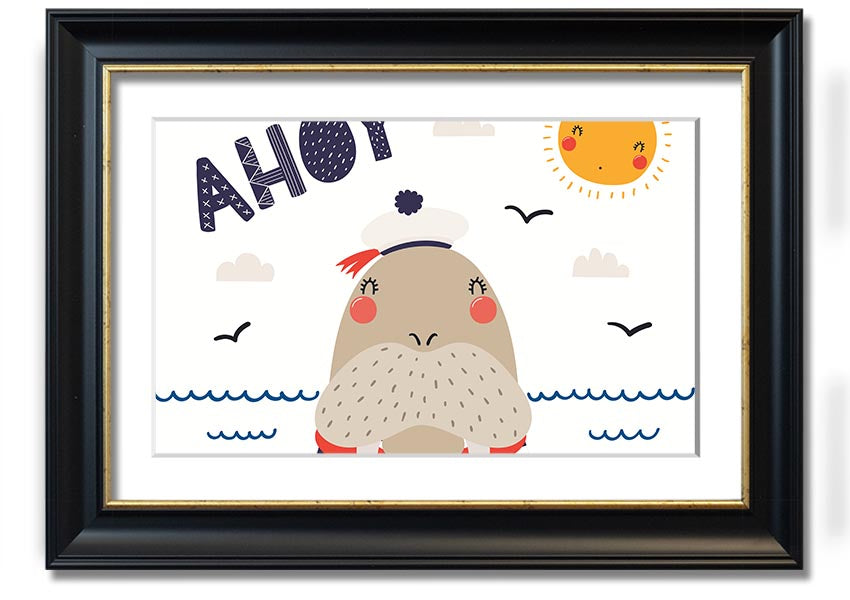 A whimsical framed print of a walrus, showcasing vibrant colors and intricate details, ready to hang on the wall.