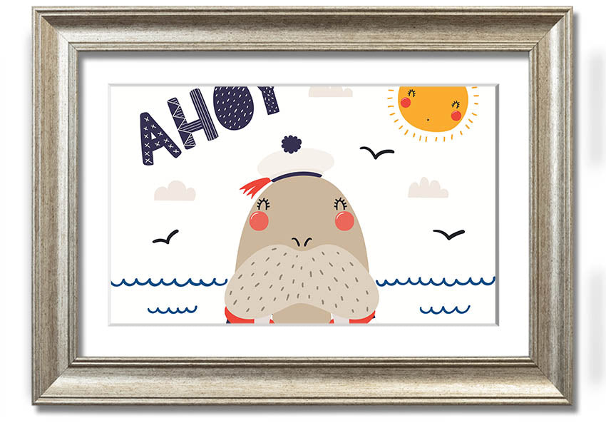 A whimsical framed print of a walrus, showcasing vibrant colors and intricate details, ready to hang on the wall.