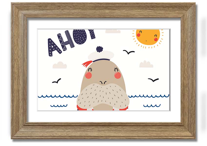 A whimsical framed print of a walrus, showcasing vibrant colors and intricate details, ready to hang on the wall.