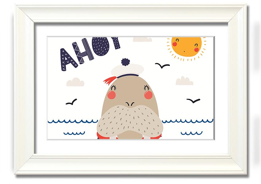 A whimsical framed print of a walrus, showcasing vibrant colors and intricate details, ready to hang on the wall.