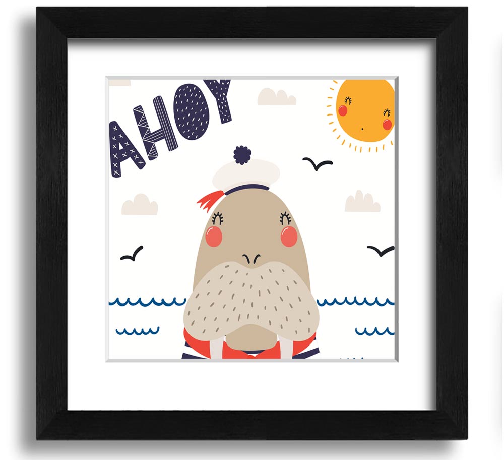 Ahoy Walrus Square Framed Print featuring a charming walrus design, available in various frame colors, ready to hang.