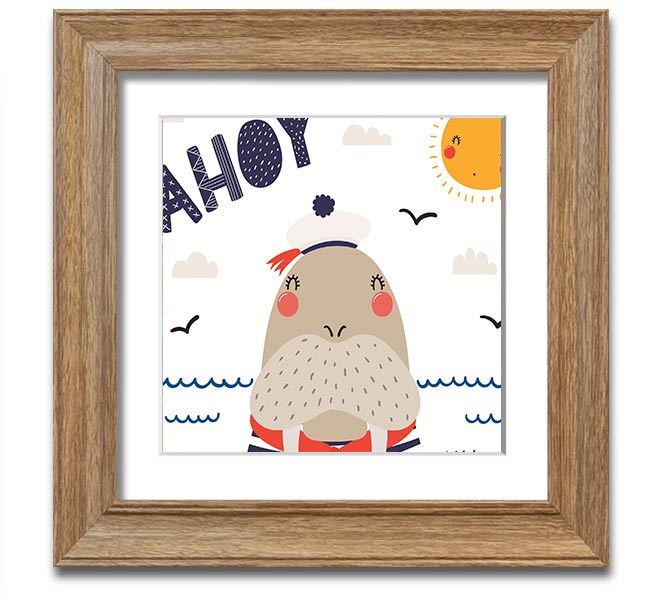 Ahoy Walrus Square Framed Print featuring a charming walrus design, available in various frame colors, ready to hang.