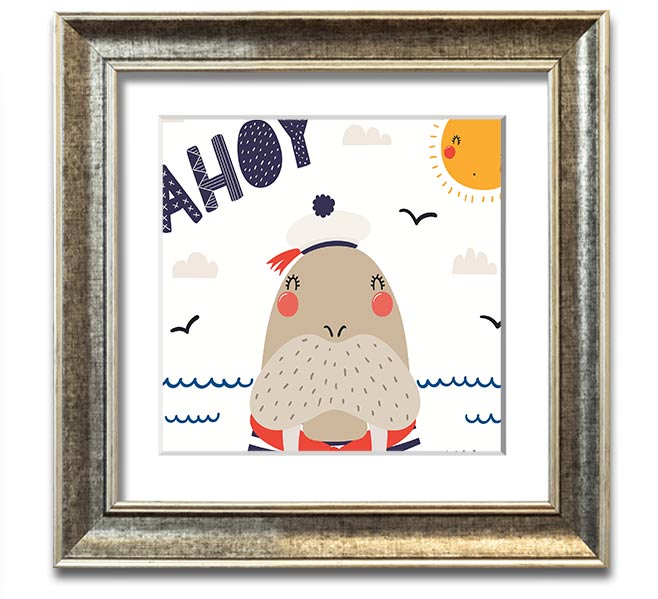 Ahoy Walrus Square Framed Print featuring a charming walrus design, available in various frame colors, ready to hang.