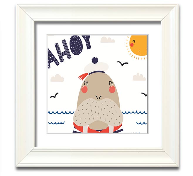 Ahoy Walrus Square Framed Print featuring a charming walrus design, available in various frame colors, ready to hang.