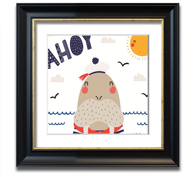 Ahoy Walrus Square Framed Print featuring a charming walrus design, available in various frame colors, ready to hang.