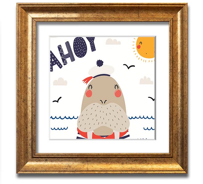 Ahoy Walrus Square Framed Print featuring a charming walrus design, available in various frame colors, ready to hang.