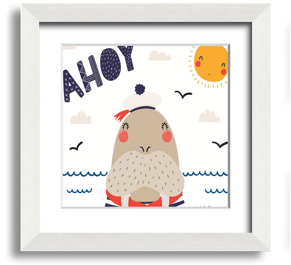 Ahoy Walrus Square Framed Print featuring a charming walrus design, available in various frame colors, ready to hang.