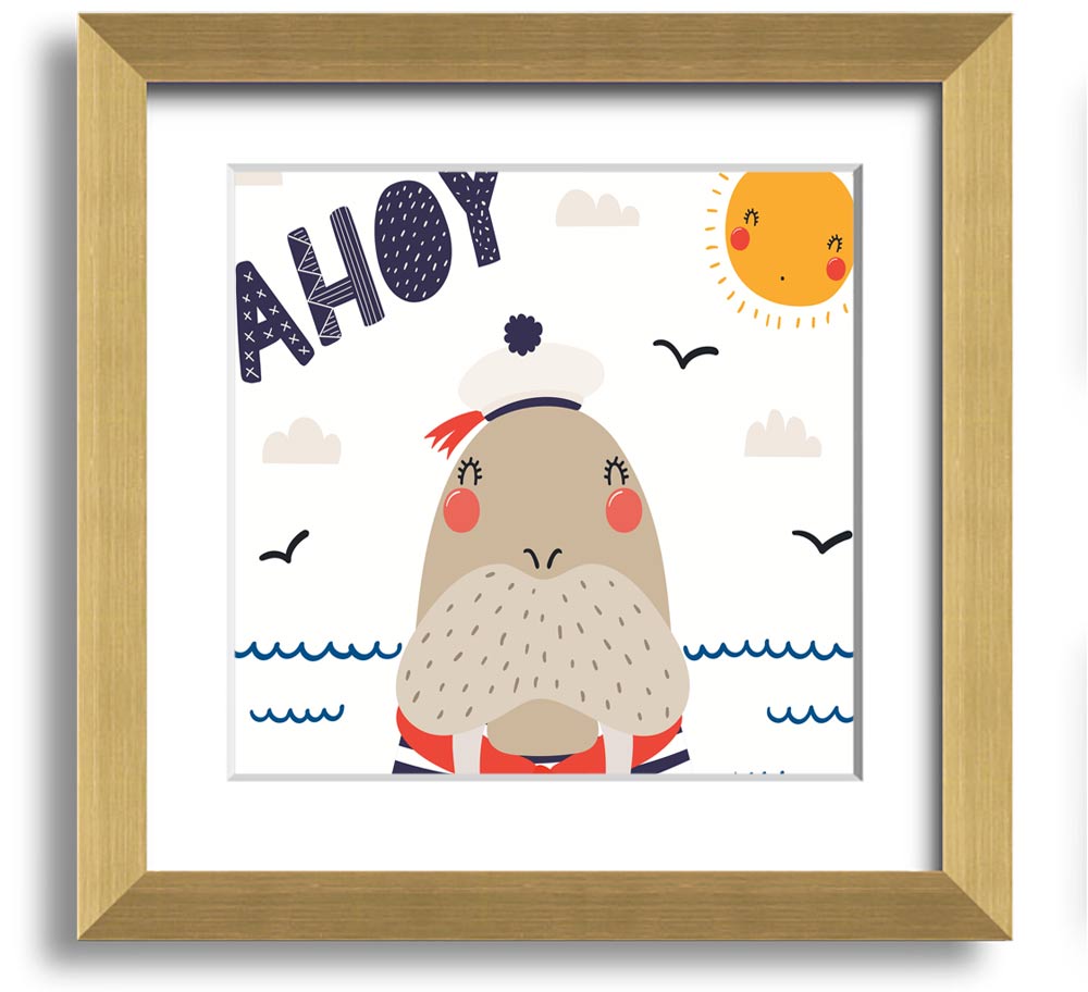 Ahoy Walrus Square Framed Print featuring a charming walrus design, available in various frame colors, ready to hang.