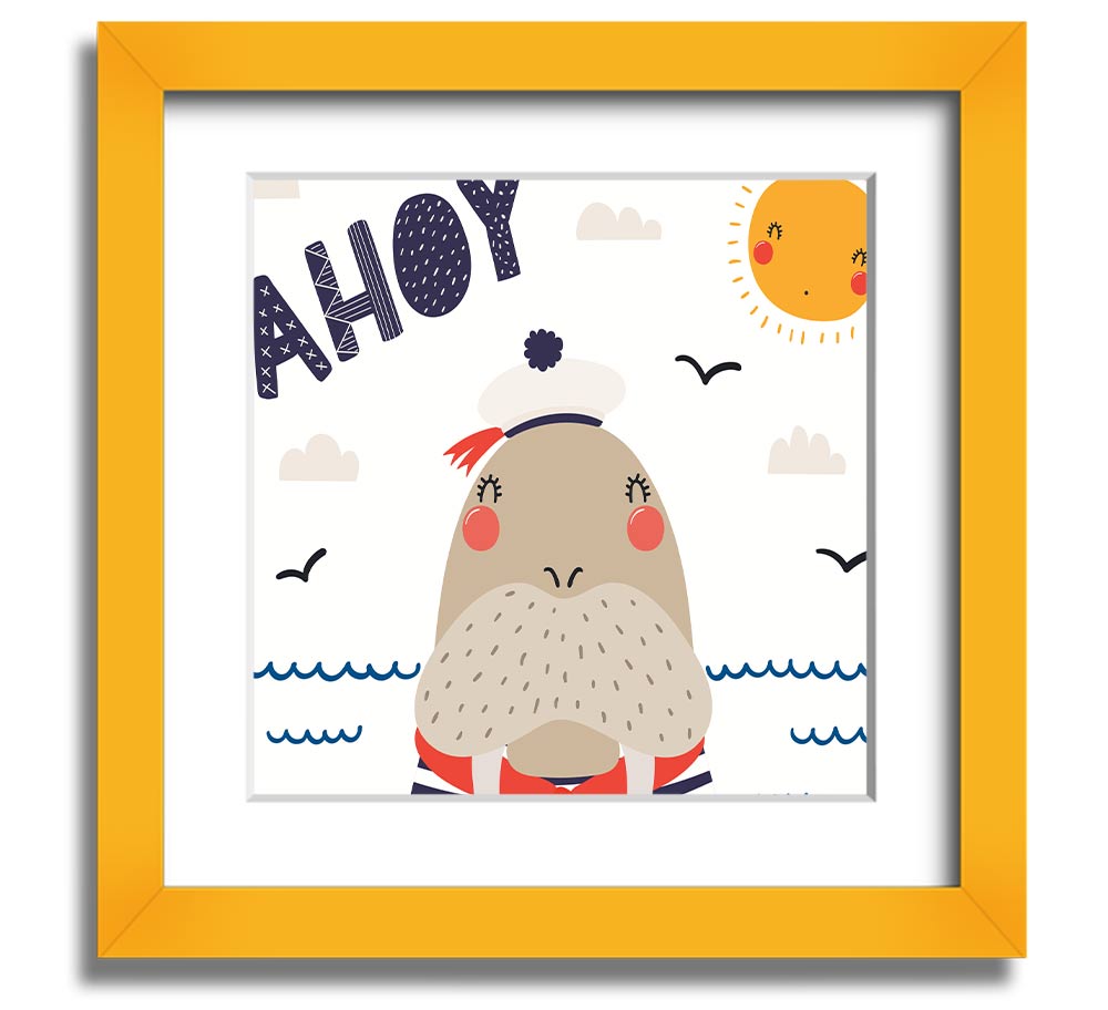 Ahoy Walrus Square Framed Print featuring a charming walrus design, available in various frame colors, ready to hang.