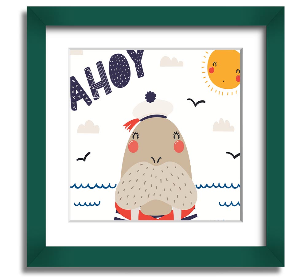 Ahoy Walrus Square Framed Print featuring a charming walrus design, available in various frame colors, ready to hang.