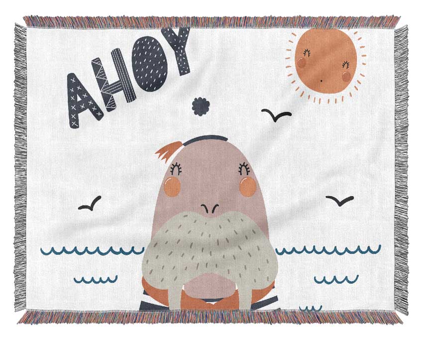 Ahoy Walrus throw blanket made from 100% cotton, featuring a thermal weave design in a classic style, perfect for home decor.