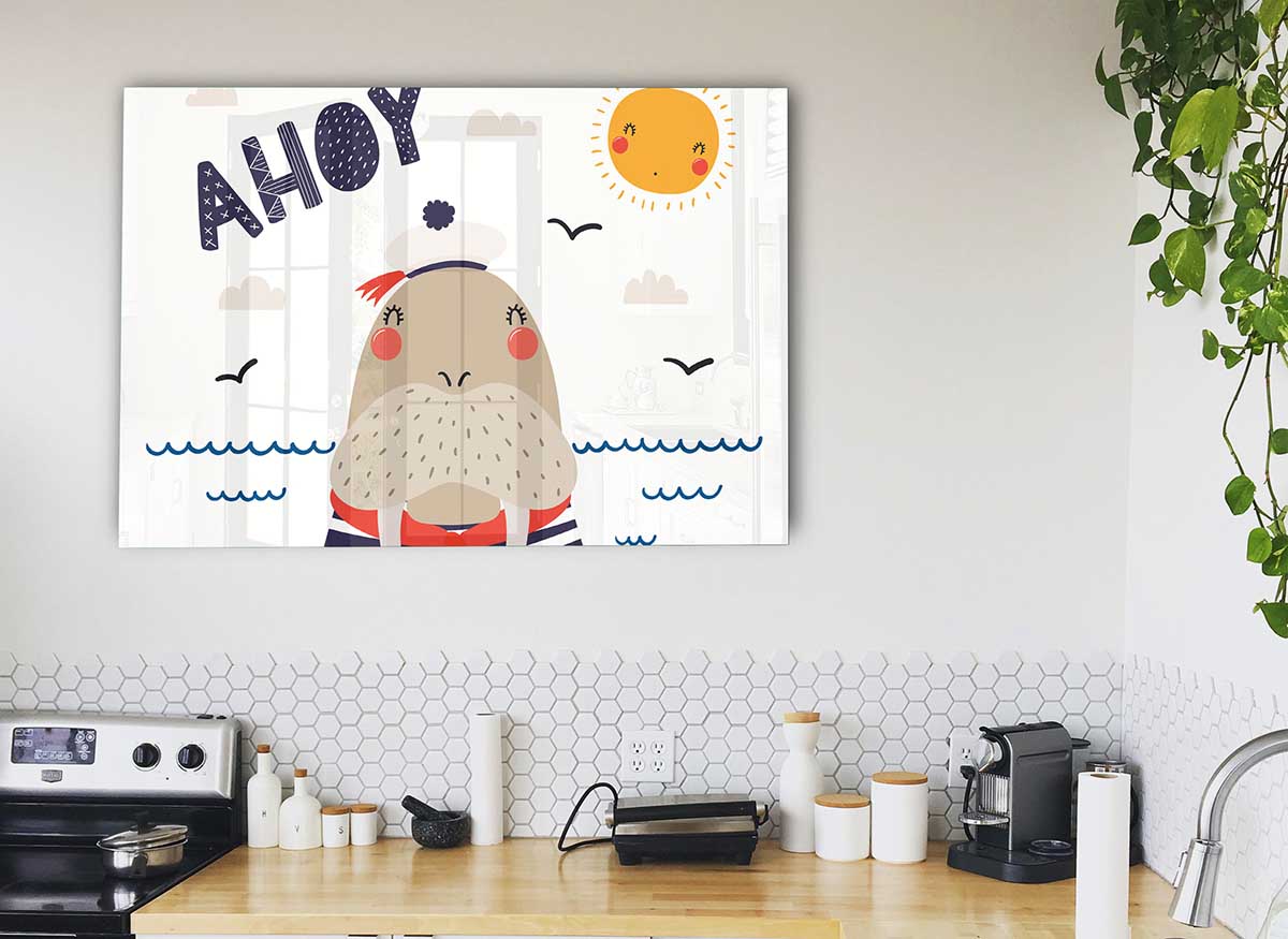 A modern glass print featuring a whimsical walrus design, perfect for stylish home decor.