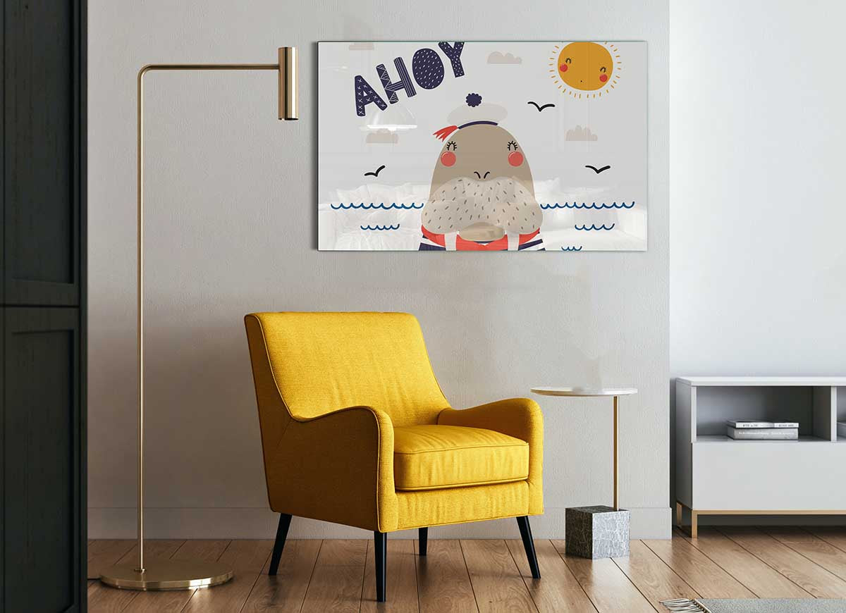 A modern glass print featuring a whimsical walrus design, perfect for stylish home decor.