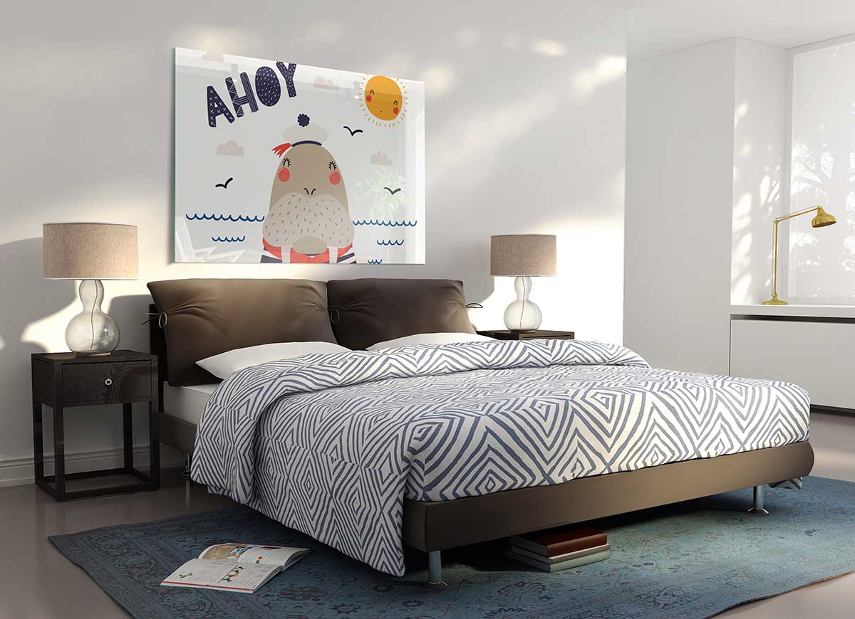 A modern glass print featuring a whimsical walrus design, perfect for stylish home decor.